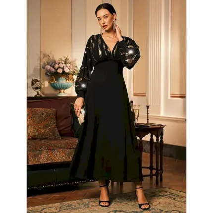 Women's Long Dress Sheer Feather Print Sleeves V-neck Black Festive Party Elegant Maxi Winter Fall Clothing Apparel